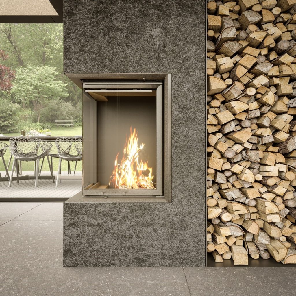 Modern corner fireplace in the wall with wooden logs and a floor made of hardened Technistone® stone